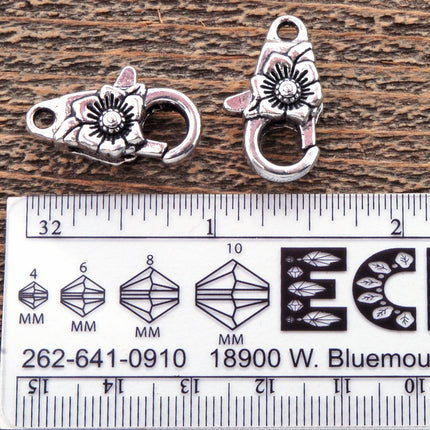 2 pcs lobster claw clasps with floral designs, silver finish flowers 24mm, Irina Miech
