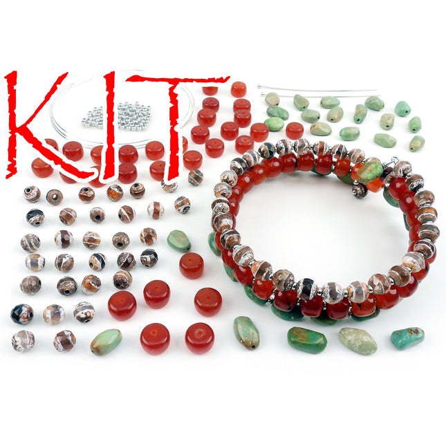 KIT Fall color gemstones memory wire bracelet, green turquoise, carnelian, silver tones, multi color, Irina Miech