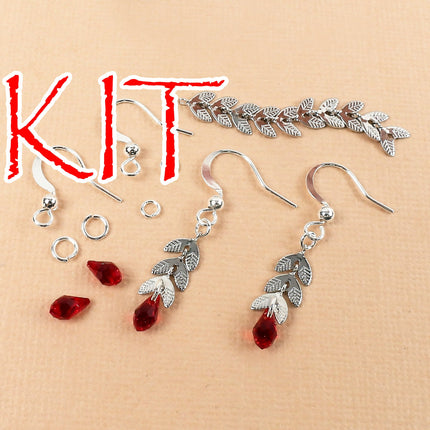 KIT Vine earrings with Swarovski crystal drops, dark red color, leaf motif, designer Irina Miech