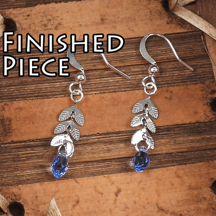 KIT Vine earrings with Swarovski crystal drops, blue color, leaf motif, designer Irina Miech