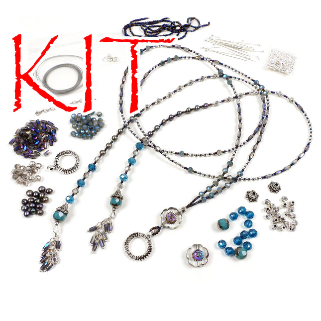 KIT Autumn Flowers lariat necklace with assorted glass beads, autumn sky colorway, blue colors, silvertone, designer Irina Miech