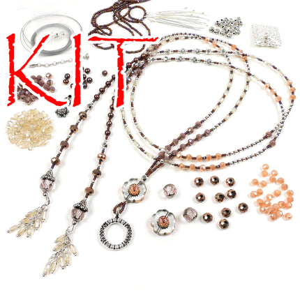 KIT Autumn Flowers lariat necklace with assorted glass beads, sepia colorway, silvertone, designer Irina Miech