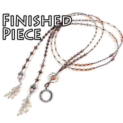 KIT Autumn Flowers lariat necklace with assorted glass beads, sepia colorway, silvertone, designer Irina Miech