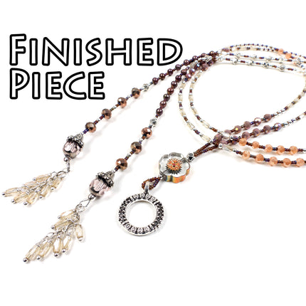 KIT Autumn Flowers lariat necklace with assorted glass beads, sepia colorway, silvertone, designer Irina Miech