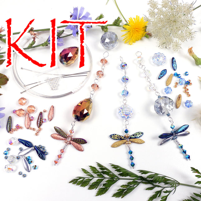 KIT Whimsical Dragonfly Suncatcher ornament, dragonfly, sun catcher decoration, Vibrant Shimmer colorway, Swarovski crystal beads, designer Irina Miech