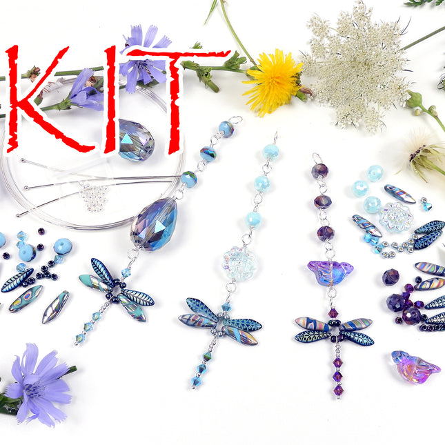 KIT Whimsical Dragonfly Suncatcher ornament, dragonfly, sun catcher decoration, Sparkling Blues colorway, Swarovski crystal beads, designer Irina Miech