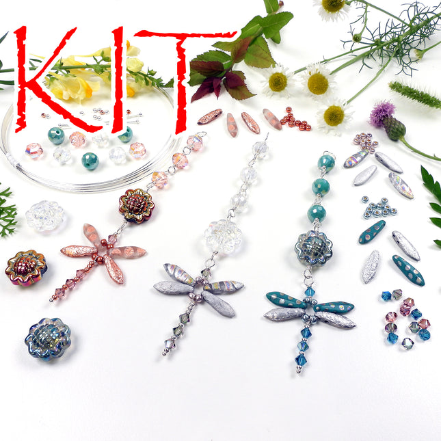 KIT Whimsical Dragonfly Suncatcher ornament, dragonfly, sun catcher decoration, Gossamer Wings colorway, Swarovski crystal beads, designer Irina Miech