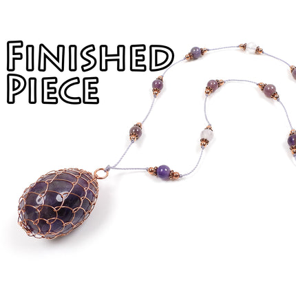 KIT Whimsical Faberge wire egg necklace, copper wire and amethyst beads, creative wirework, DIY necklace kit, designer Irina Miech
