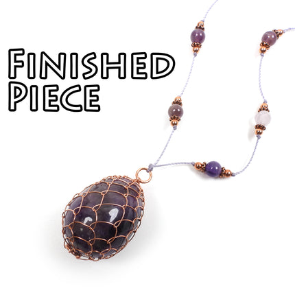 KIT Whimsical Faberge wire egg necklace, copper wire and amethyst beads, creative wirework, DIY necklace kit, designer Irina Miech