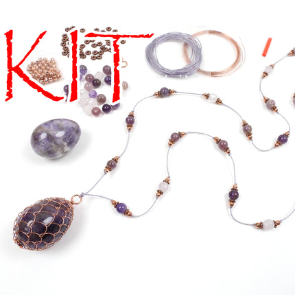 KIT Whimsical Faberge wire egg necklace, copper wire and amethyst beads, creative wirework, DIY necklace kit, designer Irina Miech
