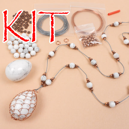 KIT Whimsical Faberge wire howlite egg necklace, copper wire and howlite beads, creative wirework, DIY necklace kit, designer Irina Miech