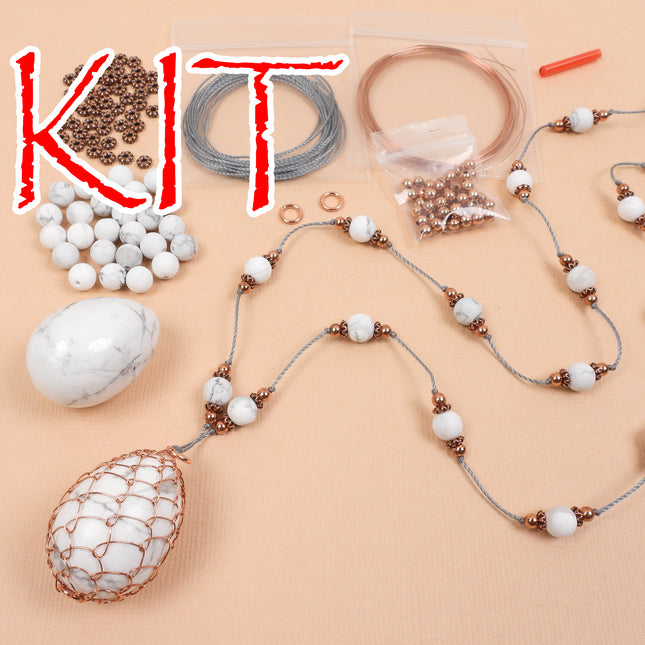 KIT Whimsical Faberge wire howlite egg necklace, copper wire and howlite beads, creative wirework, DIY necklace kit, designer Irina Miech