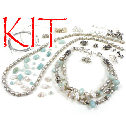 KIT Gemstone Meadow Bracelet, amazonite, Keshi pearls, pastel colors, silver tone, swivel lobster clasp