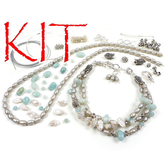 KIT Gemstone Meadow Bracelet, amazonite, Keshi pearls, pastel colors, silver tone, swivel lobster clasp