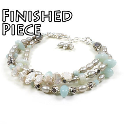 KIT Gemstone Meadow Bracelet, amazonite, Keshi pearls, pastel colors, silver tone, swivel lobster clasp