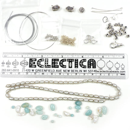 KIT Gemstone Meadow Bracelet, amazonite, Keshi pearls, pastel colors, silver tone, swivel lobster clasp