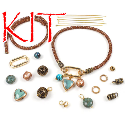 KIT Interchangeable Gemstone Bracelet, copper edge turquoise, gold and copper tone, carabiner clasp, designer Irina Miech
