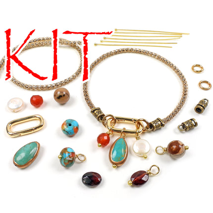 KIT Interchangeable Gemstone Bracelet, copper edge turquoise, gold and silver tone, carabiner clasp, designer Irina Miech