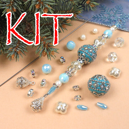 KIT Opulent Icicle ornament, Caribbean colorway, turquoise blue and silver colors, Christmas tree ornament, designer Irina Miech