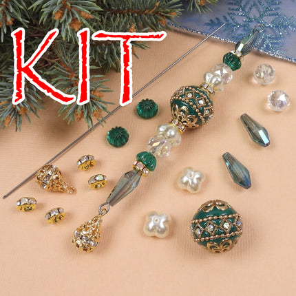 KIT Opulent Icicle ornament, Evergreen colorway, green and gold colors, Christmas tree ornament, designer Irina Miech