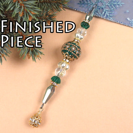 KIT Opulent Icicle ornament, Evergreen colorway, green and gold colors, Christmas tree ornament, designer Irina Miech