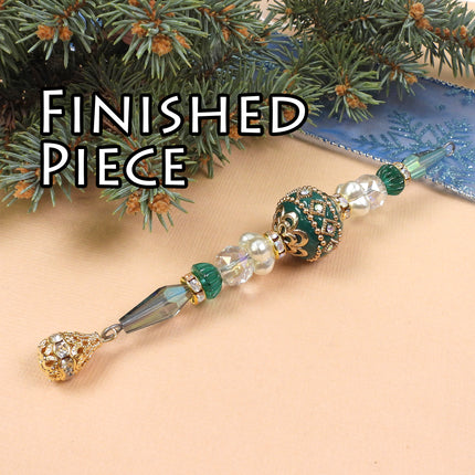 KIT Opulent Icicle ornament, Evergreen colorway, green and gold colors, Christmas tree ornament, designer Irina Miech