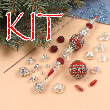 KIT Opulent Icicle ornament, Holly Berry colorway, red and silver colors, Christmas tree ornament, designer Irina Miech