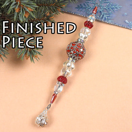 KIT Opulent Icicle ornament, Holly Berry colorway, red and silver colors, Christmas tree ornament, designer Irina Miech