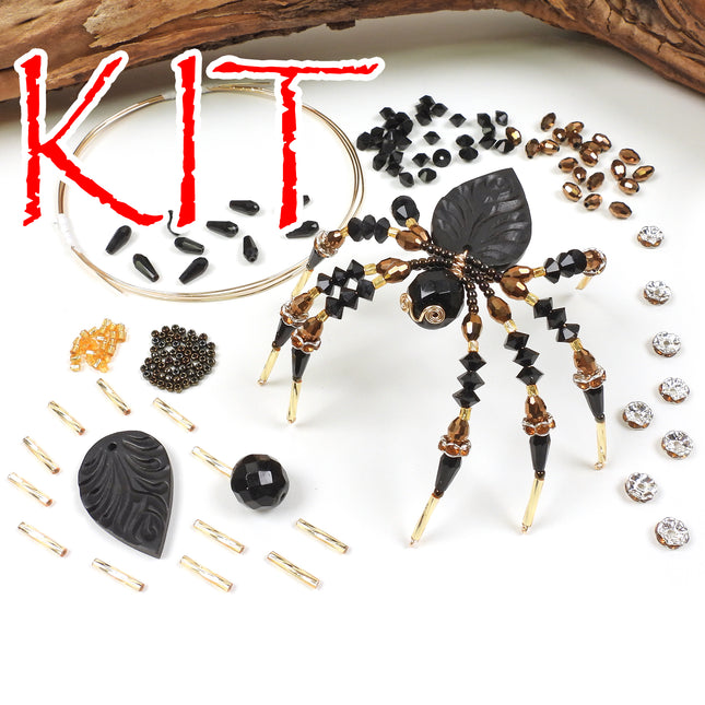 KIT Halloween Spider Ornament, faceted glass beads, gold tone, Halloween decoration, golden orb weaver, Irina Miech