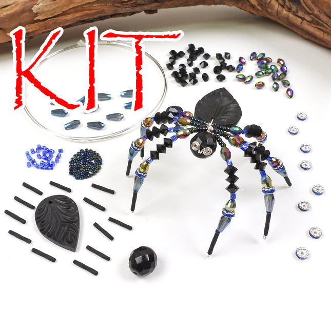KIT Halloween Spider Ornament, faceted glass beads, silver tone, Halloween decoration, dreamy blue colorway, golden orb weaver, Irina Miech