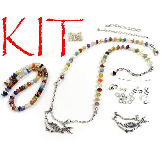 KIT Song Bird Necklace, assorted gemstones, silver tones, adjustable clasp, designer Irina Miech
