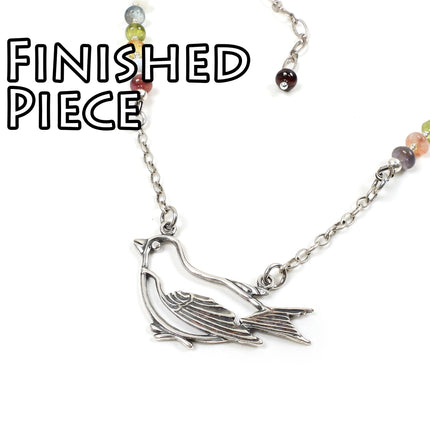 KIT Song Bird Necklace, assorted gemstones, silver tones, adjustable clasp, designer Irina Miech