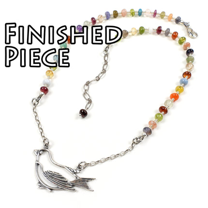 KIT Song Bird Necklace, assorted gemstones, silver tones, adjustable clasp, designer Irina Miech