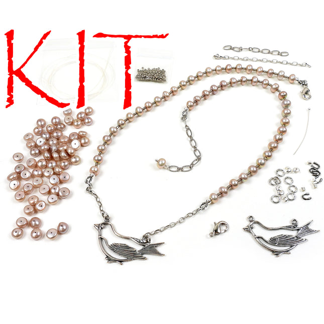 KIT Song Bird Necklace, freshwater pearls, silver tones, adjustable clasp, designer Irina Miech