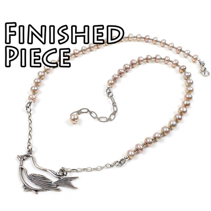 KIT Song Bird Necklace, freshwater pearls, silver tones, adjustable clasp, designer Irina Miech