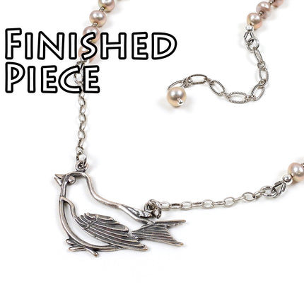 KIT Song Bird Necklace, freshwater pearls, silver tones, adjustable clasp, designer Irina Miech