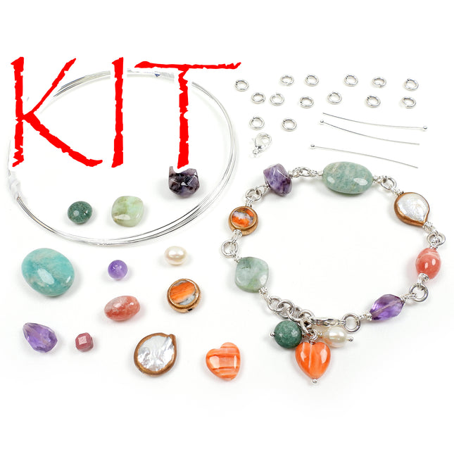 KIT gemstone and freshwater pearl adjustable bracelet, copper edge spiny oyster, wirework, DIY bracelet kit, designer Irina Miech