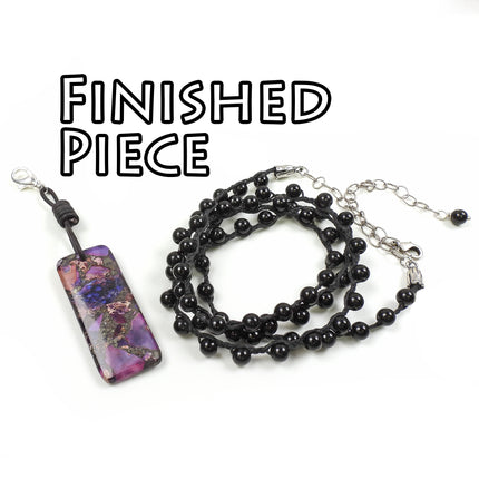 KIT Transformation knotted necklace or bracelet with black onyx beads, purple colors, silvertone, designer Irina Miech