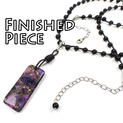 KIT Transformation knotted necklace or bracelet with black onyx beads, purple colors, silvertone, designer Irina Miech