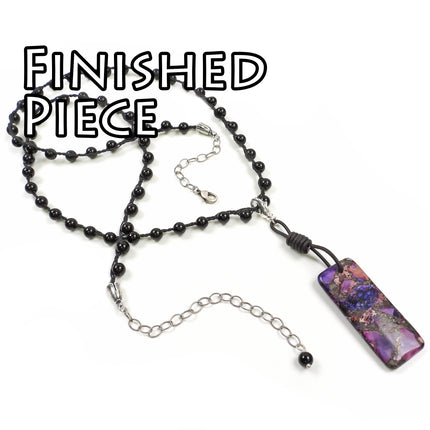 KIT Transformation knotted necklace or bracelet with black onyx beads, purple colors, silvertone, designer Irina Miech