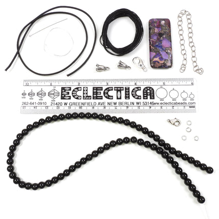 KIT Transformation knotted necklace or bracelet with black onyx beads, purple colors, silvertone, designer Irina Miech