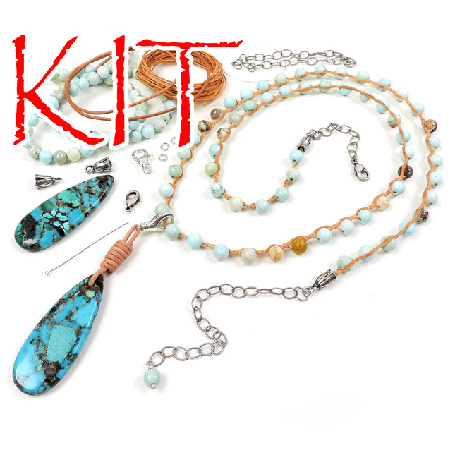 KIT Transformation knotted necklace or bracelet with magnesite beads, blue colors, silvertone, designer Irina Miech