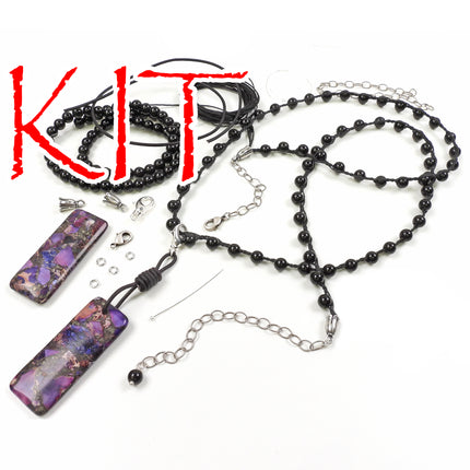 KIT Transformation knotted necklace or bracelet with black onyx beads, purple colors, silvertone, designer Irina Miech