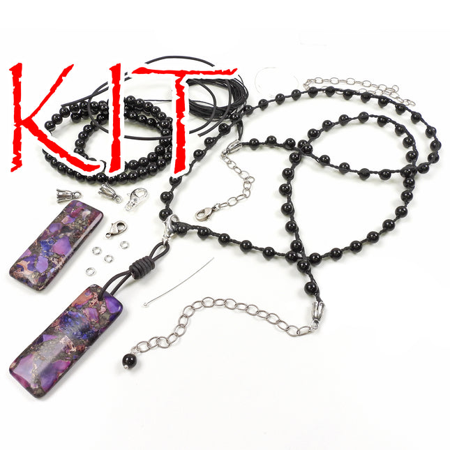 KIT Transformation knotted necklace or bracelet with black onyx beads, purple colors, silvertone, designer Irina Miech