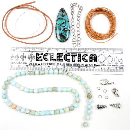 KIT Transformation knotted necklace or bracelet with magnesite beads, blue colors, silvertone, designer Irina Miech