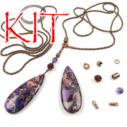 KIT Y Knot Lariat Necklace, stormy purple, purple colors, antique brass tone, adjustable clasp, designer Irina Miech