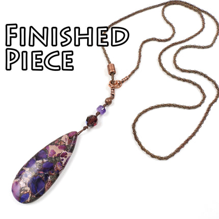 KIT Y Knot Lariat Necklace, stormy purple, purple colors, antique brass tone, adjustable clasp, designer Irina Miech