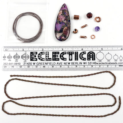 KIT Y Knot Lariat Necklace, stormy purple, purple colors, antique brass tone, adjustable clasp, designer Irina Miech