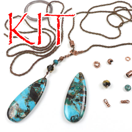 KIT Y Knot Lariat Necklace, moody turquoise, blue colors, antique brass tone, adjustable clasp, designer Irina Miech