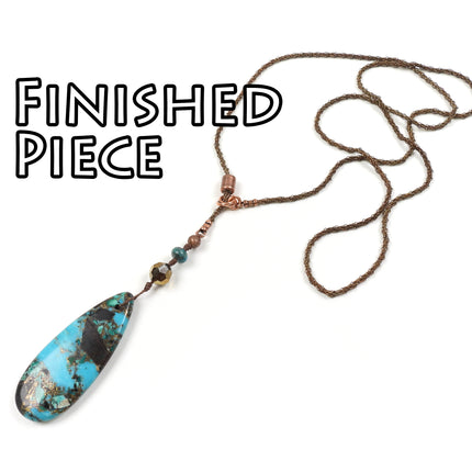 KIT Y Knot Lariat Necklace, moody turquoise, blue colors, antique brass tone, adjustable clasp, designer Irina Miech